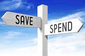 Split-screen image of a woman holding shopping bags on one side and a piggy bank on the other